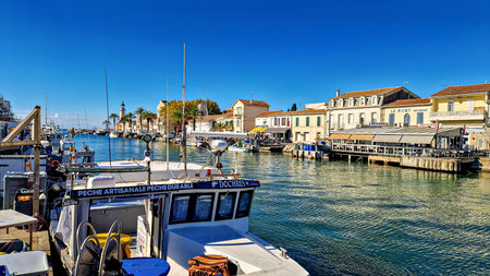 Le Grau du Roi, France - Nov 04, 2025: Historic port of the fishing village Le Grau du Roi, a seaside resort on the coast of occitanie region in France, Europeのeditorial素材