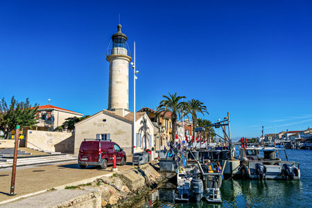Le Grau du Roi, France - Nov 04, 2025: Historic port of the fishing village Le Grau du Roi, a seaside resort on the coast of occitanie region in France, Europeのeditorial素材