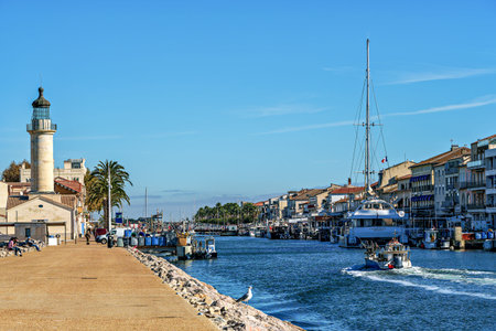 Le Grau du Roi, France - Nov 04, 2025: Historic port of the fishing village Le Grau du Roi, a seaside resort on the coast of occitanie region in France, Europeのeditorial素材