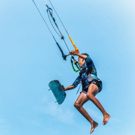 Barra Grande, Brazil - Jan 22, 2026: Kite surfing at Barra Grande beach on the coast of Piaui in...