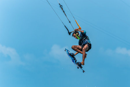 Barra Grande, Brazil - Jan 22, 2026: Kite surfing at Barra Grande beach on the coast of Piaui in...