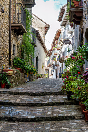 Old town of the beautiful village Anso, Pyrenees region, Huesca, Aragon, Spain. Anso is one of the...