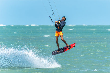 Barra Grande, Brazil - Jan 22, 2026: Kite surfing at Barra Grande beach on the coast of Piaui in...