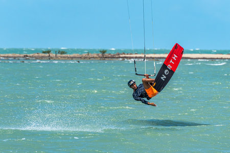 Barra Grande, Brazil - Jan 22, 2026: Kite surfing at Barra Grande beach on the coast of Piaui in...