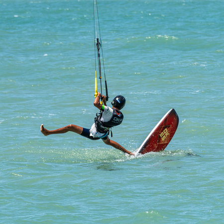 Barra Grande, Brazil - Jan 22, 2026: Kite surfing at Barra Grande beach on the coast of Piaui in...
