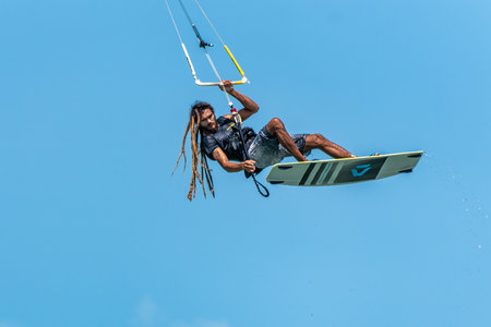 Barra Grande, Brazil - Jan 22, 2026: Kite surfing at Barra Grande beach on the coast of Piaui in...
