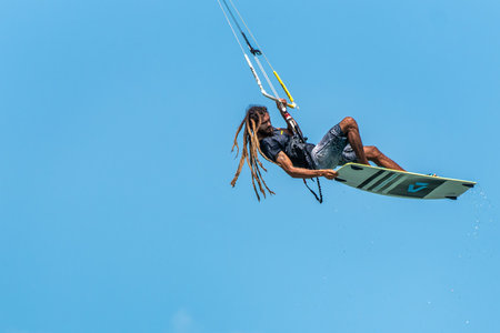 Barra Grande, Brazil - Jan 22, 2026: Kite surfing at Barra Grande beach on the coast of Piaui in...