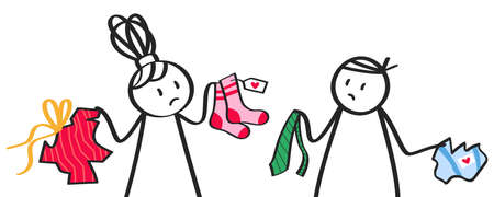 Funny cartoon of stick people man and woman being disappointed when unpacking gifts from each otherのイラスト素材