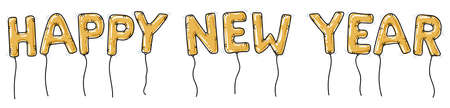 Horizontal banner with golden balloon letters spelling Happy New Year on white backgroundのイラスト素材