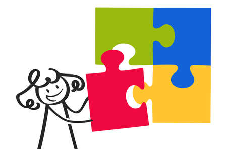 Cartoon business woman fitting colorful jig saw puzzle pieces together, metaphor for successful business careerのイラスト素材