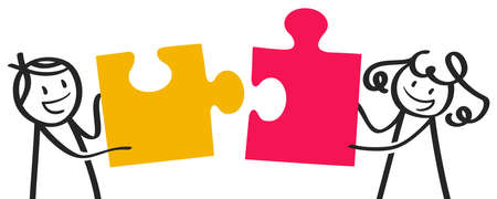 Cartoon man and woman putting together matching colorful jig saw puzzle pieces, working together as co-workers, teamworkのイラスト素材