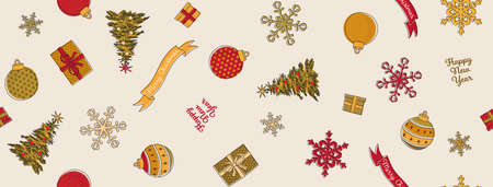 Seamless repeat pattern of Christmas ornaments, snowflakes, Christmas trees and gift boxes in red,...