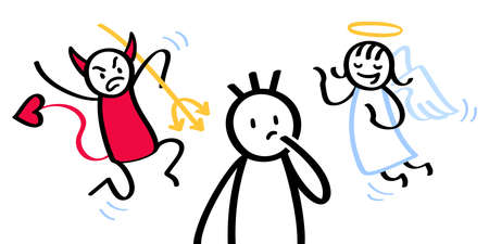 Funny cartoon of stick man having a moral conflict, with angry shoulder devil and soothing shoulder angel. Man doubting, pondering decisionのイラスト素材