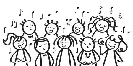 Funny cartoon choir, men and women, children sining song, black stick people on white backgroundのイラスト素材