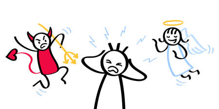 Man having a moral conflict, desperate screaming stick figure with devil and angel over his shoulders, can not make a decisionのイラスト素材
