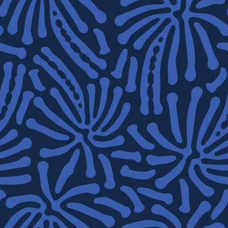 Seamless repeat pattern, blue batik palm trees on dark blue background, tie-dye summer pattern