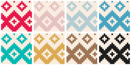 Set of beautiful geometric ethno patterns, seamless repeat pattern, bohemian interior design, gold yellow, mustard, blue, teal, dusky pink, black and brown colorsのイラスト素材