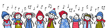 Group of funny cartoon of stick figures wearing winter clothes singing songs in and out of tune, horizontal bannerのイラスト素材