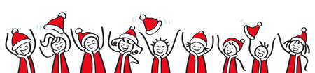 Row of cheering stick people wearing Santa Claus costumes, Christmas banner, happy kids, men and women, black and white stick figures isolated on white backgroundのイラスト素材