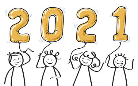 2021 happy new year, cartoon, group of stick people holding balloon letters spellingのイラスト素材