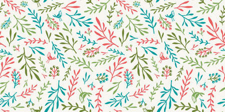 Seamless repeat pattern with birds and twigs with red and green colorsのイラスト素材