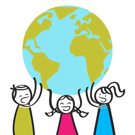 Cartoon stick figure children screaming while holding up giant globeのイラスト素材