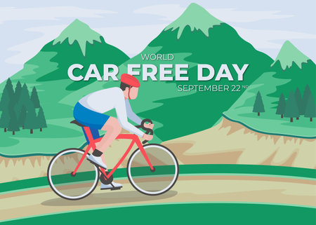 Car free day. People riding a bicycle in the mountains and writing 'Car Free Day. 22 Septemberのイラスト素材