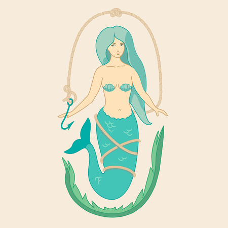 Vintage mermaid with rope and hook. Isolated Vector illustrationのイラスト素材