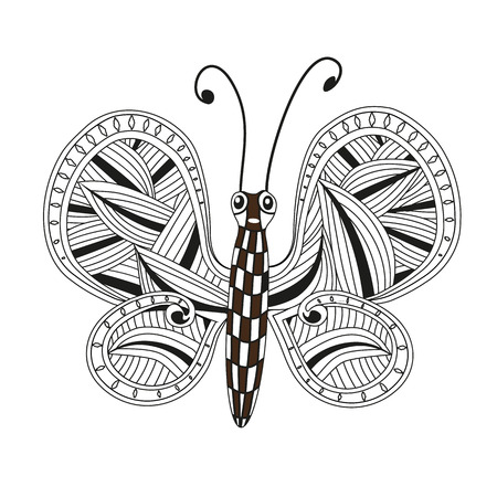 Hand drawn ornamental butterfly outline illustration with decorative ornaments. stylized black Butterfly. Hand Drawn vector illustration isolated on white background. Sketch for tattoo or makhenda. Insect collection.のイラスト素材
