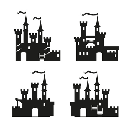 Medieval castle icon vector set. Castle tower silhouette. Knights, royal, princess castle sign, castle vector, castle wallのイラスト素材