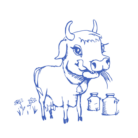 Isolated funny sketch cow for milk product. Cartoon cute cow.のイラスト素材