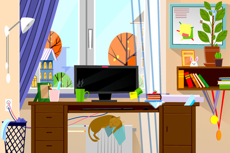 Freelancer home office workplace. Cartoon style modern web site vector illustration of freelance work place in living room interior. Home room with workplace.のイラスト素材