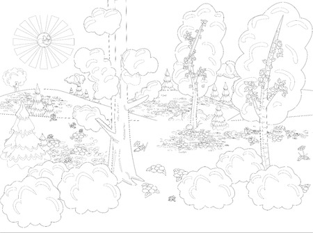 Hand draw decorative landscape trees illustration with decorative lines. Vintage stylized landscape painting for color. Black and white coloring pages for adults. Vector illustration.のイラスト素材