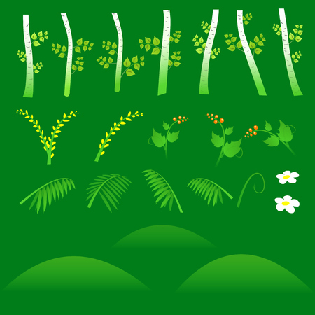 Set of flat forest elements. Include grass, flowers, berries, bushes and trees. Vector illustrationのイラスト素材