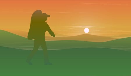 Mountain traveler. Summer tourist illustration. Mountain valley landscape. Adventure travel. Outdoor adventure. Vector template with tourists. Travel concept. Hiking.のイラスト素材