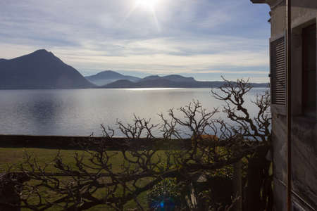 the lake, buildings and landscape in springの写真素材