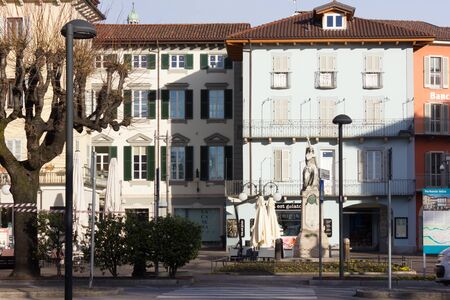 Facades and architecture of Ticino towns at lake Lago Maggioreのeditorial素材