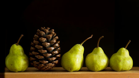 pears and pine cone on a wooden shelf against a black backgroundの写真素材