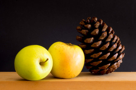 Pine cone and two apples on a wooden shelf against a black backgroundの写真素材
