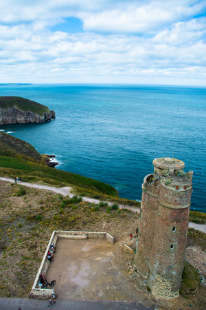 Landscape of Cap Frehel in Brittany France with the Lighthouse and the Seaの写真素材