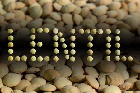 Inscription LENTIL created from green lentil grains on lentil gradient background