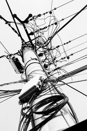 Electricity post in the city, pillar from concrete material, black and white toneの写真素材