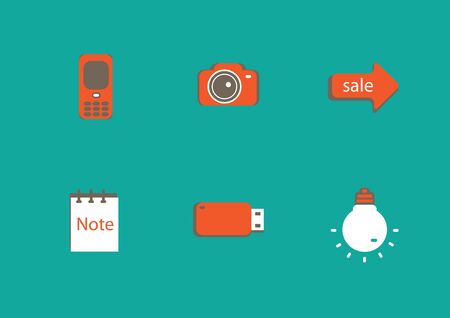 icons of various objects, red and white colors on a green backgroundの写真素材