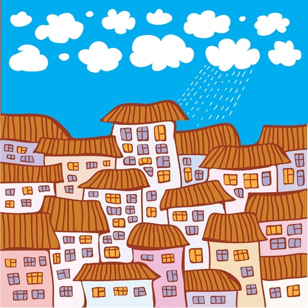 Vector abstract image of houses against the blue sky with small clouds のイラスト素材
