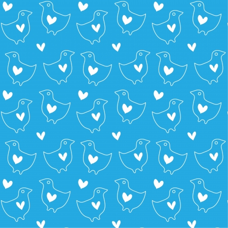 Seamless texture of white hearts and birds on a blue backgroundのイラスト素材