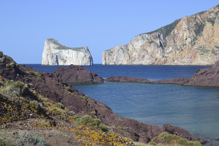 The coast of Masua in the Pan di Zucchero backgroundの写真素材
