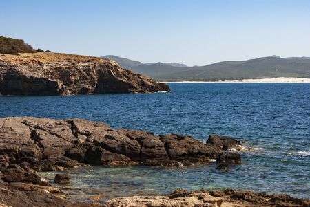 View of white dunes of Teulada from Porto Pinedduの写真素材