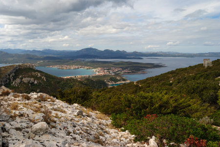 Panoramic view of Golfo Aranci from Capo Figariの写真素材