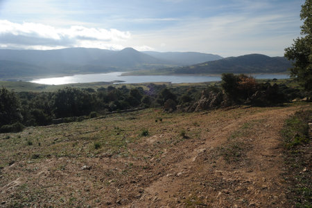 Mountain landscape with a lake Temo in the background, from Monte Lernoの写真素材
