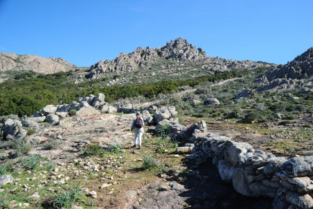 Trail to the archaeological nuragic area of Sos Nurattolosの写真素材